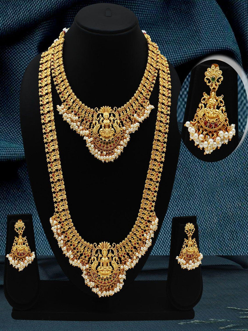 Gold Plated Artificial Stones Studded & Beaded Necklace With Earrings