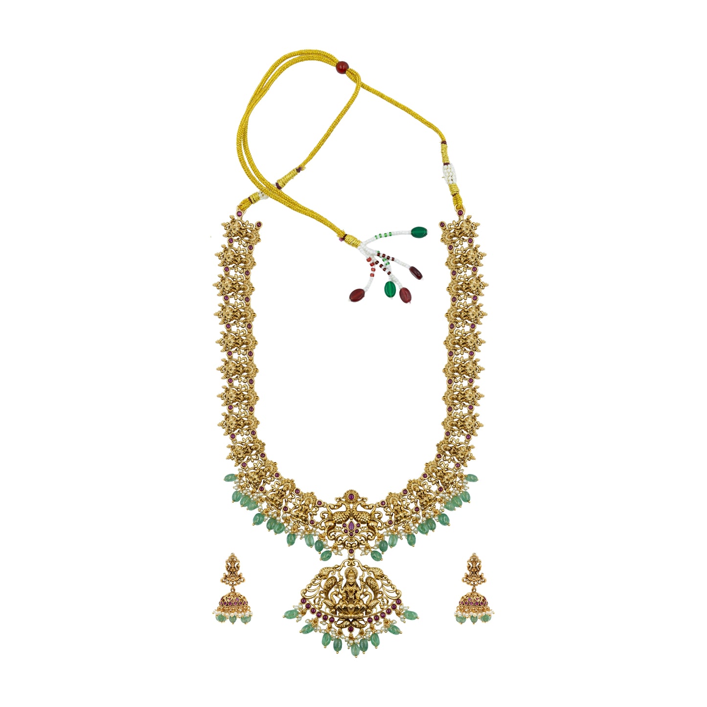 Antique Lakshmi Temple Long Necklace Set with Green Beads