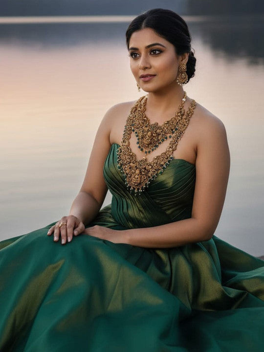 Gold-Plated Stone-Studded & Beaded Temple Necklace With Earrings