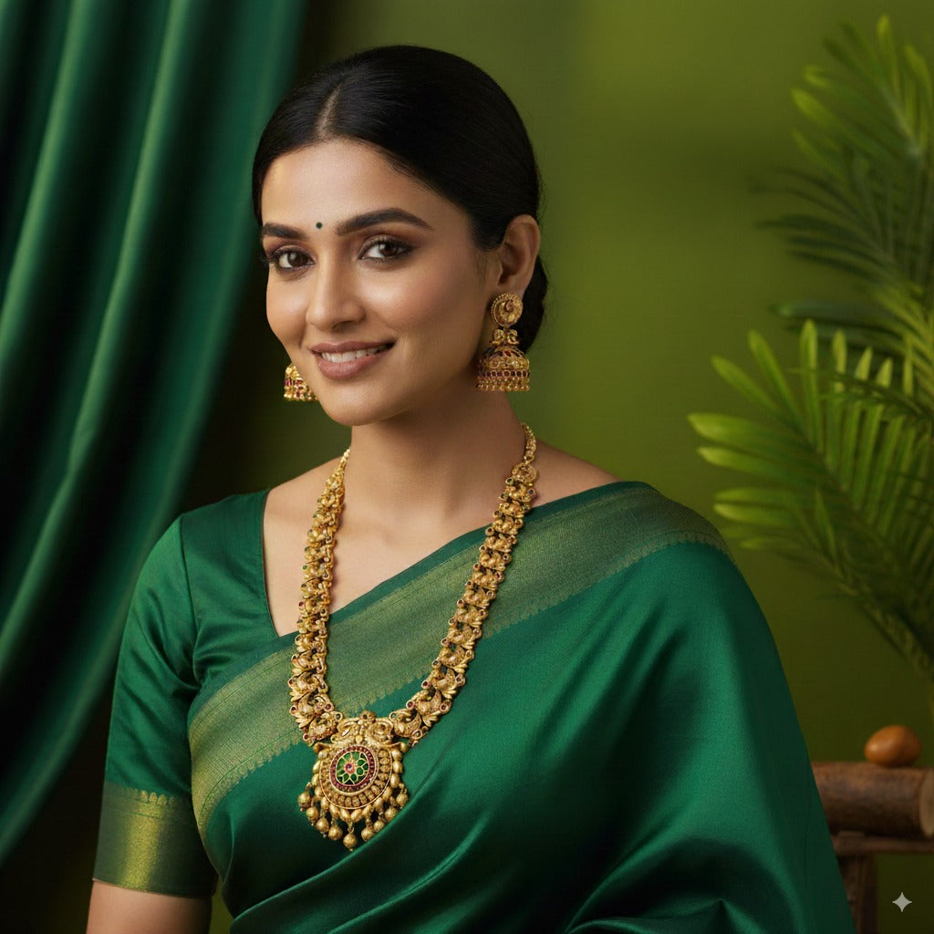 Peacock Elegance Gold-Plated Long Necklace Set