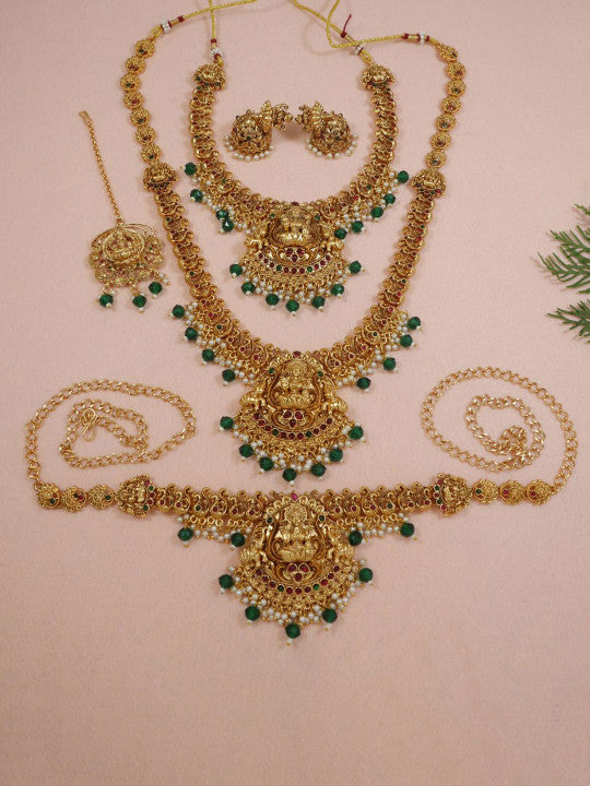 Women Gold-Plated Temple Necklace & Earrings Jewellery Set