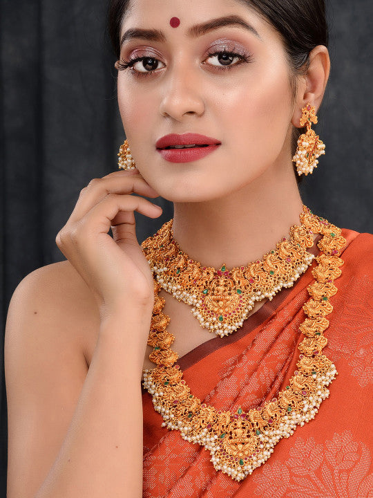 Gold Plated Red & Green Stone Studded Temple Jewelleey Set