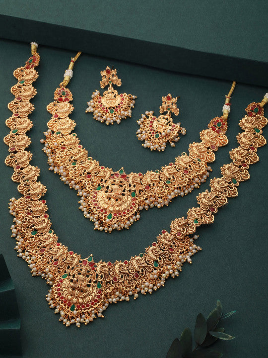 Gold Plated Red & Green Stone Studded Temple Jewelleey Set