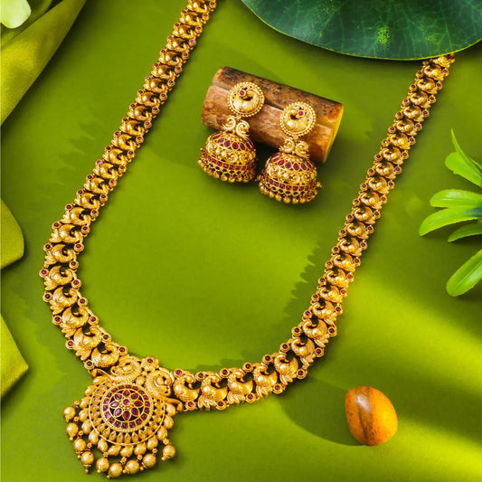 Peacock Elegance Gold-Plated Long Necklace Set