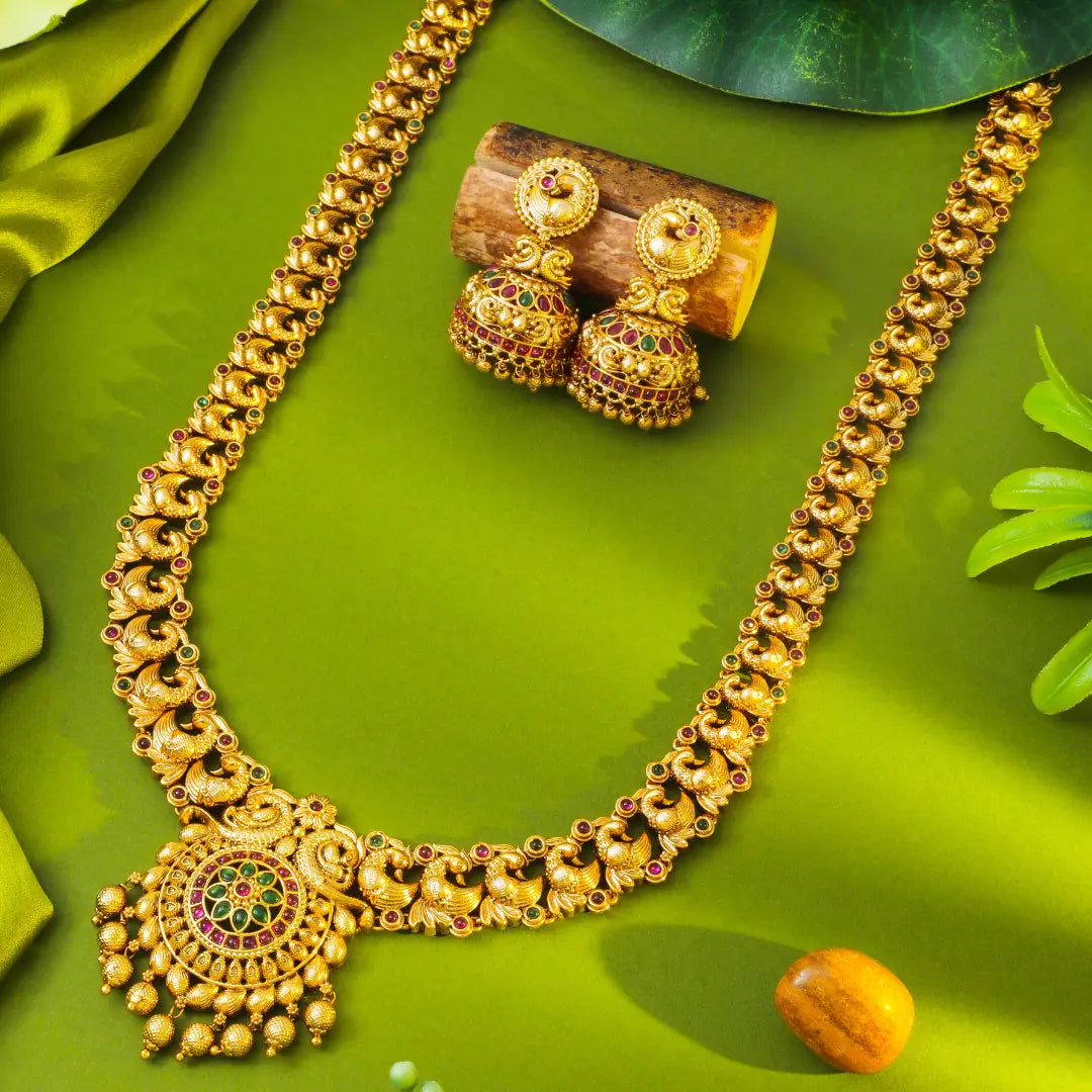 Peacock Elegance Gold-Plated Long Necklace Set