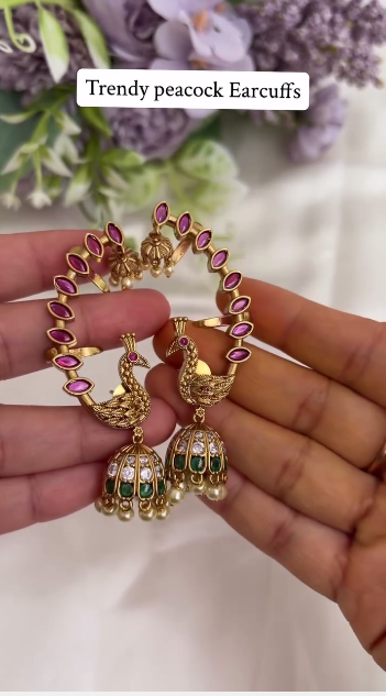 Simple trendy Ruby peacock AD Earcuff Jhumkas