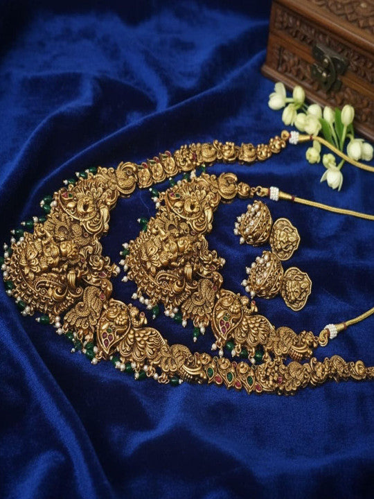 Gold-Plated Stone-Studded & Beaded Temple Necklace With Earrings