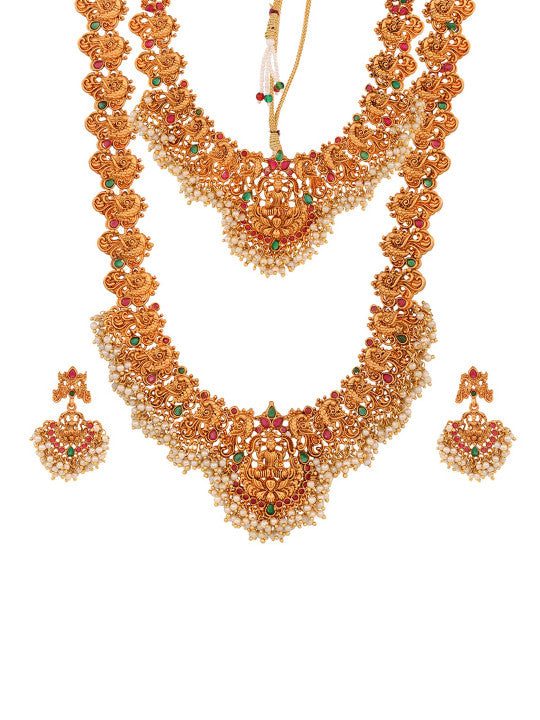 Gold Plated Red & Green Stone Studded Temple Jewelleey Set