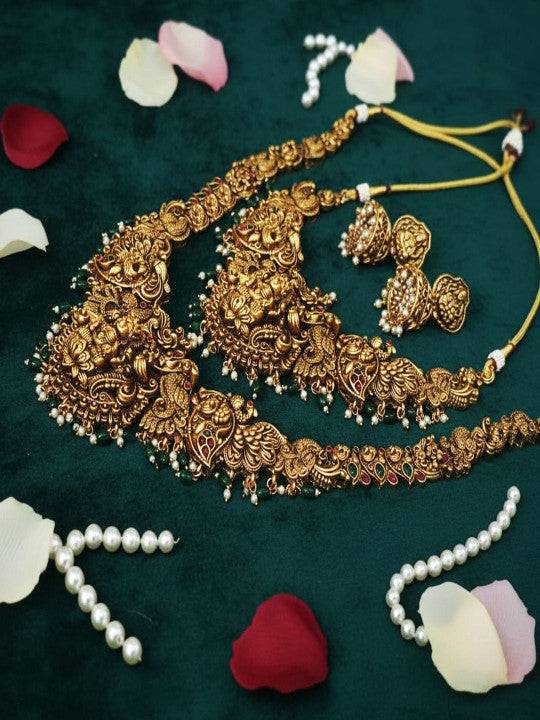 Gold-Plated Stone-Studded & Beaded Temple Necklace With Earrings