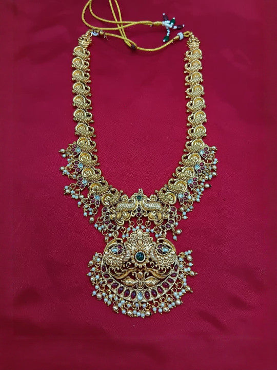 Gold-Plated Stones Studded & Beaded Necklace With Earrings