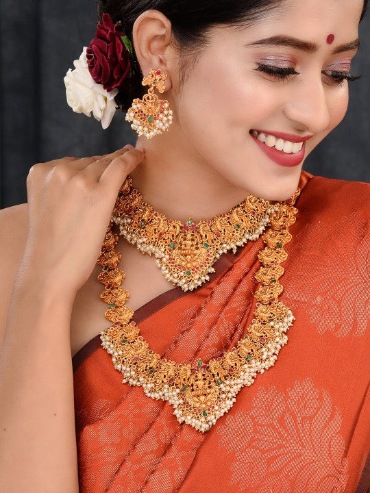 Gold Plated Red & Green Stone Studded Temple Jewelleey Set
