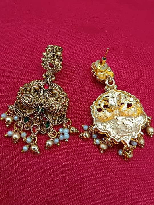 Gold Plated Artificial Stone Studded & Beaded Jewellery Set