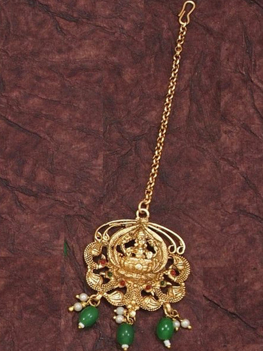 Gold-Plated Artificial Stones Studded & Beaded Temple Jewellery Set