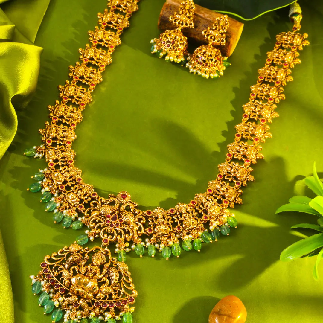 Antique Lakshmi Temple Long Necklace Set with Green Beads