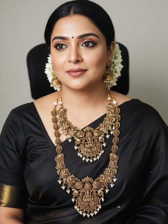 Gold-Plated Stone Studded & Beaded Antique Temple Jewellery Set