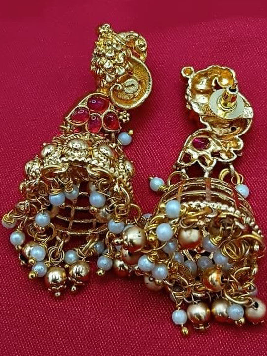 Gold-Plated Stones Studded & Beaded Necklace With Earrings