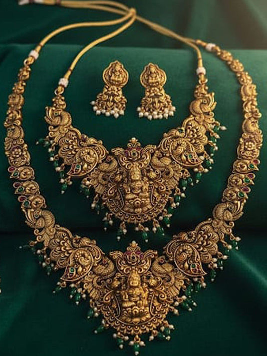 Gold-Plated Stone-Studded & Beaded Temple Necklace With Earrings
