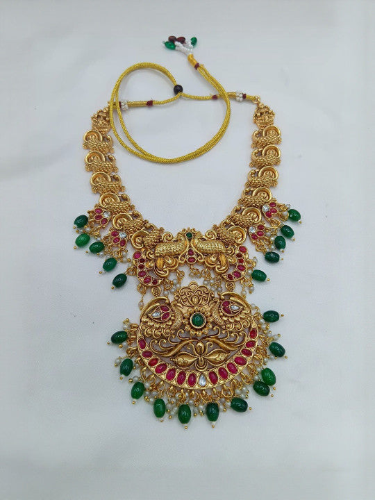 Gold-Plated Stones Studded & Beaded Necklace With Earrings