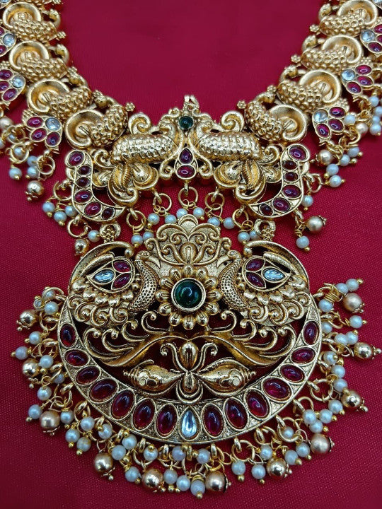Gold-Plated Stones Studded & Beaded Necklace With Earrings