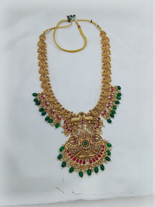 Gold-Plated Stones Studded & Beaded Necklace With Earrings