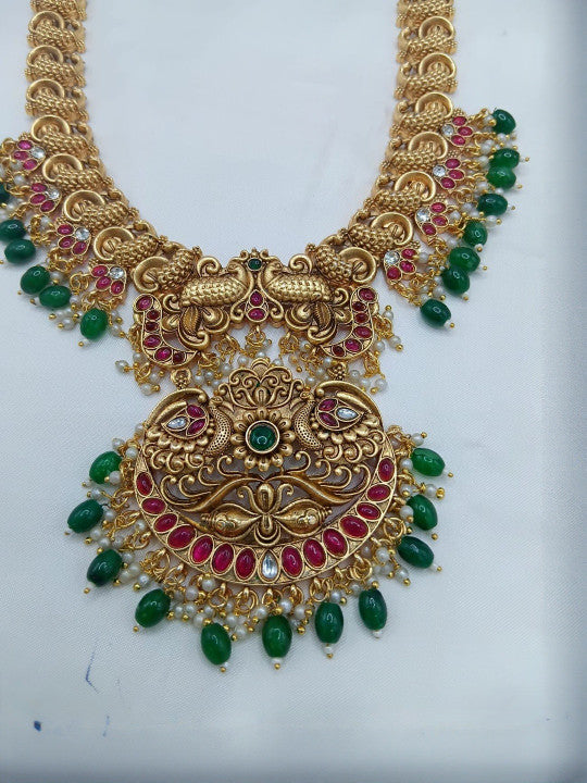 Gold-Plated Stones Studded & Beaded Necklace With Earrings