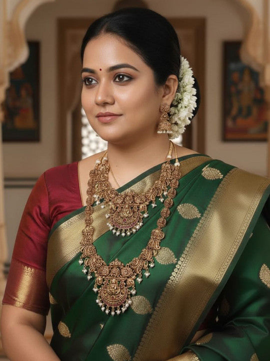 Gold-Plated Stone Studded & Beaded Antique Temple Jewellery Set
