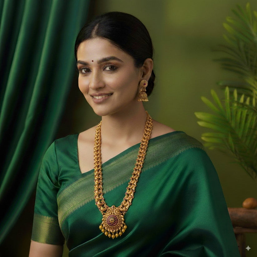 Peacock Elegance Gold-Plated Long Necklace Set