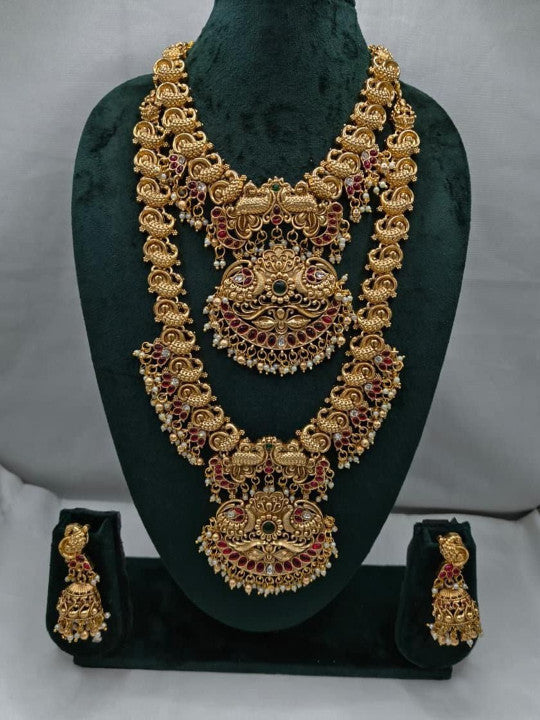 Gold-Plated Stones Studded & Beaded Necklace With Earrings