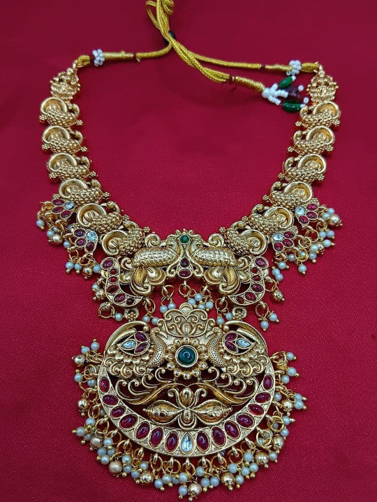 Gold-Plated Stones Studded & Beaded Necklace With Earrings
