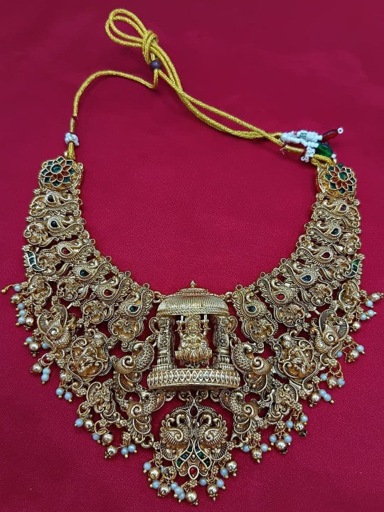Gold Plated Artificial Stone Studded & Beaded Jewellery Set