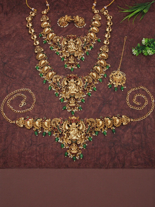 Gold-Plated Artificial Stones Studded & Beaded Temple Jewellery Set