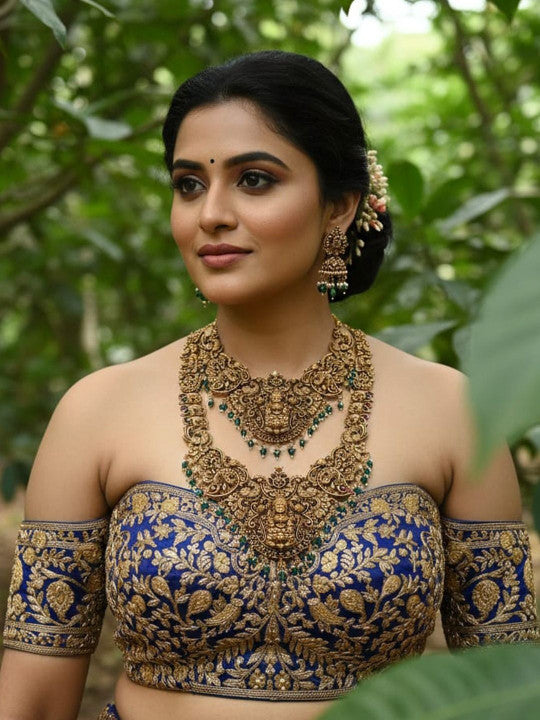 Gold-Plated Stone-Studded & Beaded Temple Necklace With Earrings