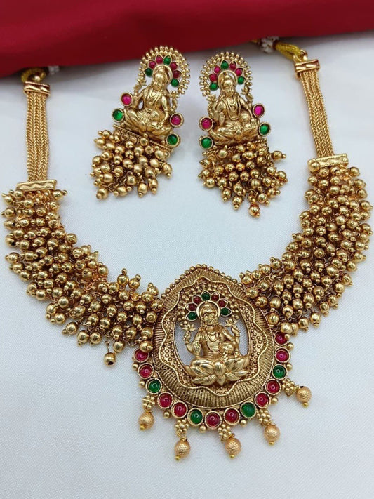 Gold-Plated Artificial Studded & Beaded Temple Jewellery Set