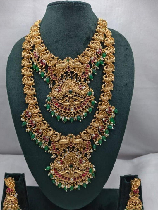 Gold-Plated Stones Studded & Beaded Necklace With Earrings