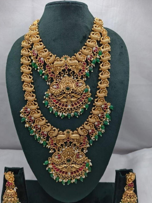 Gold-Plated Stones Studded & Beaded Necklace With Earrings