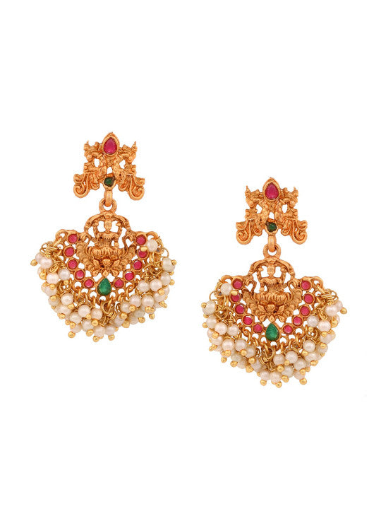 Gold Plated Red & Green Stone Studded Temple Jewelleey Set