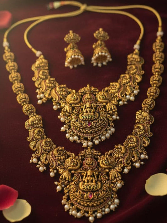 Gold-Plated Stone Studded & Beaded Antique Temple Jewellery Set