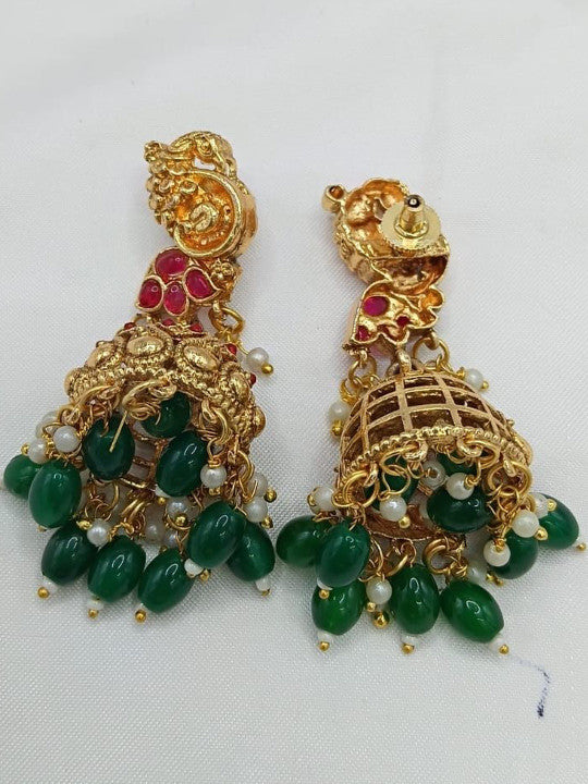 Gold-Plated Stones Studded & Beaded Necklace With Earrings