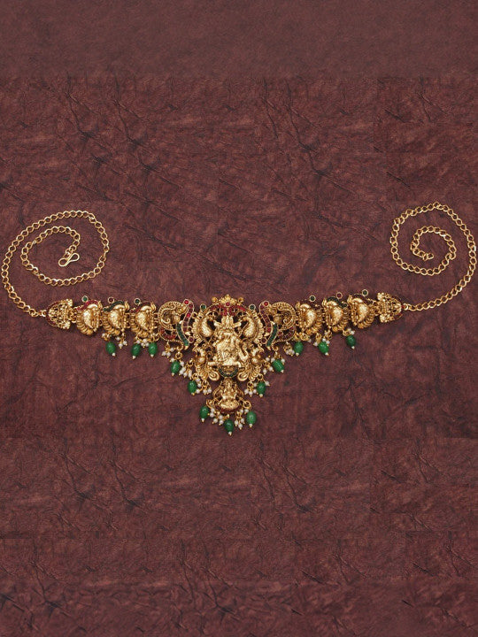 Gold-Plated Artificial Stones Studded & Beaded Temple Jewellery Set