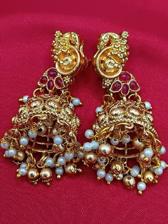 Gold-Plated Stones Studded & Beaded Necklace With Earrings