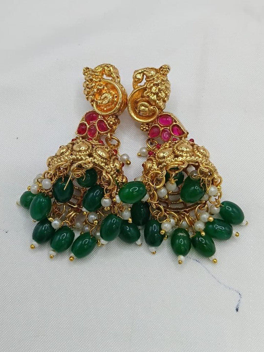 Gold-Plated Stones Studded & Beaded Necklace With Earrings