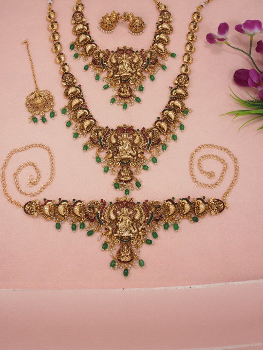 Gold-Plated Artificial Stones Studded & Beaded Temple Jewellery Set