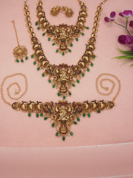 Gold-Plated Artificial Stones Studded & Beaded Temple Jewellery Set