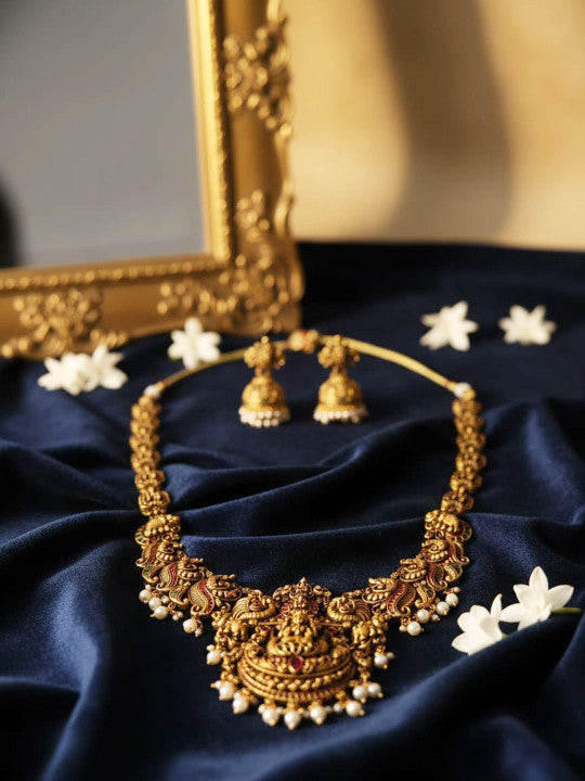 Gold-Plated Stone Studded & Beaded Antique Temple Jewellery Set